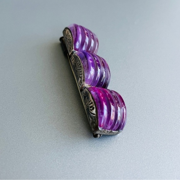Antique Chinese Carved Amethyst Sterling Silver Ribbed Rectangle Pin Bro… - Picture 2 of 12